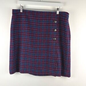 Talbots Petite 16 Wool Blend Plaid Skirt Button Accent Red Blue Classic Preppy